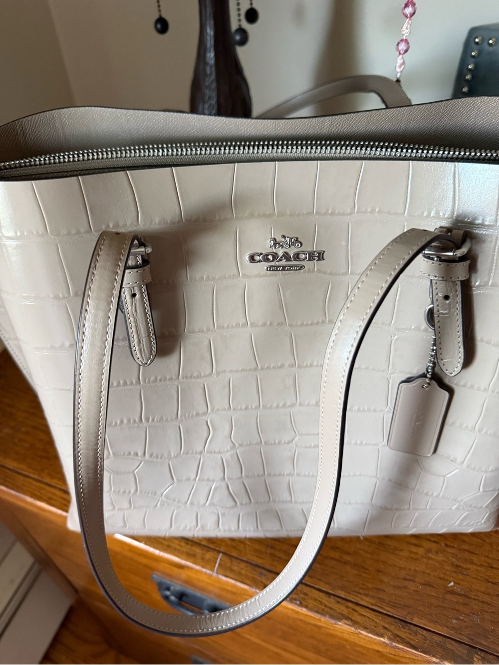 Coach Croc-Embossed Patent Leather Tote in Taupe - Picture 5 of 9
